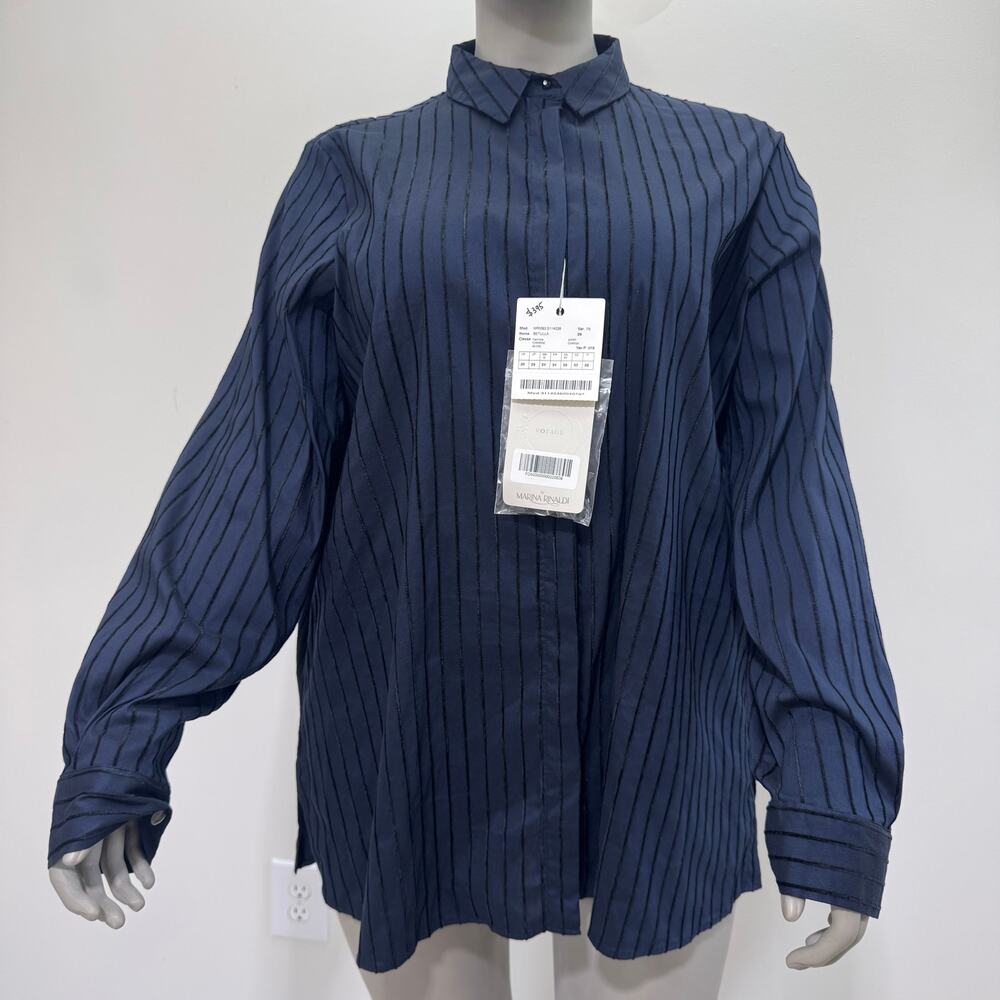 NWT Marina Rinaldi Striped Button Up Shirt US 20 Navy Basic Minimalist Career